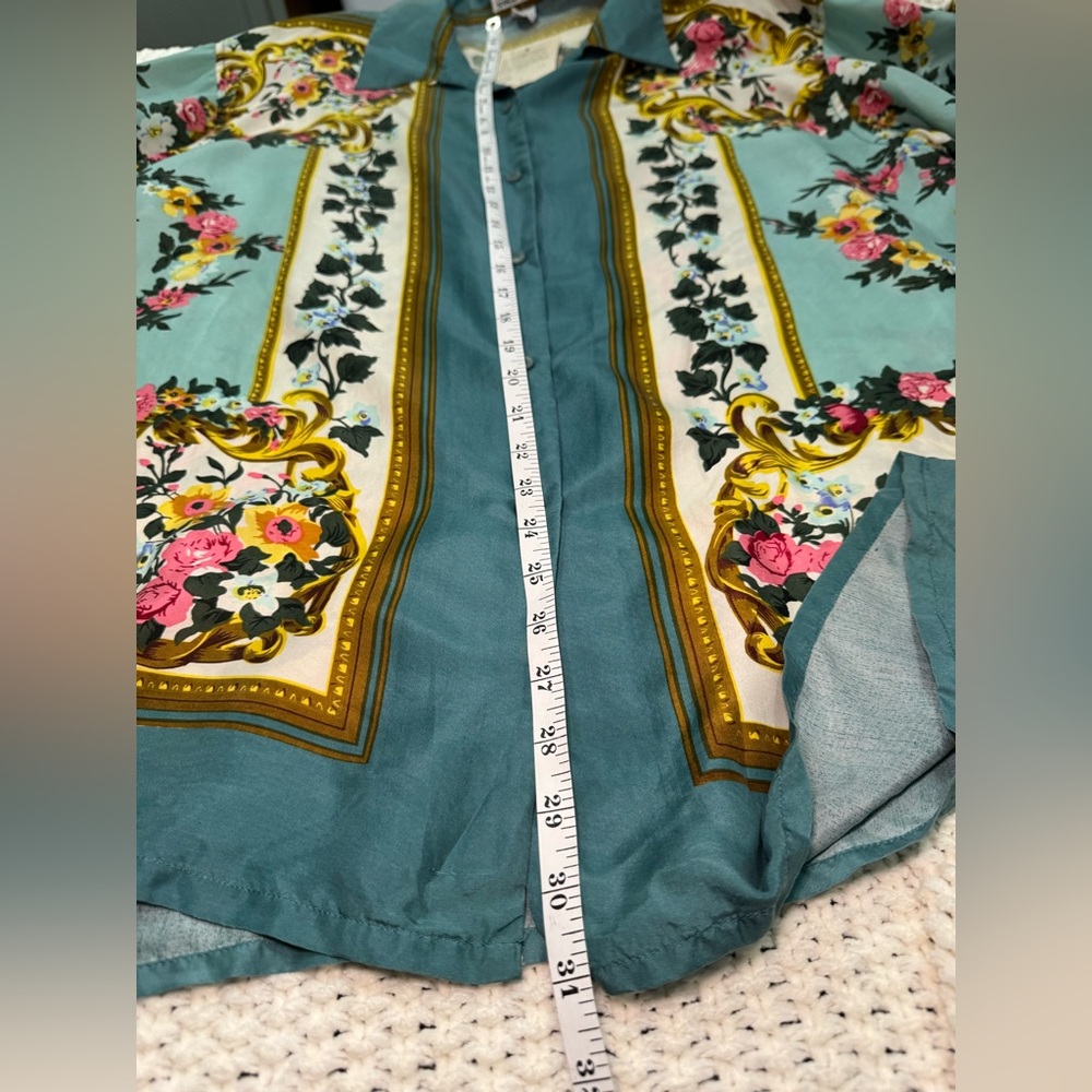 Elegant Vintage Floral Silk Blouse - Teal & Multicolor size L - Picture 10 of 13